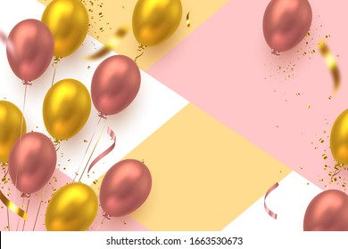 Glossy balloons in pink and golden colors with confetti. Vector balloons background for holidays or birthday party. Copy space, geometric background.