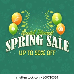 Glossy Balloons with Spring Sale Vector Background. Web Banner Template. Flowers and Nature Elements Design