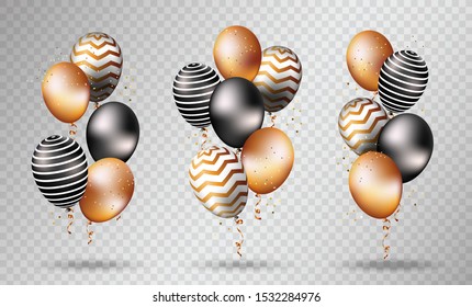 Glossy balls on a transparent background. Balloons isolated in the air. Party decorations for birthday, anniversary, celebration. Vector clipart for design.