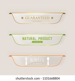 Glossy banner with gold metal frame food and natural theme. Vintage badges design.