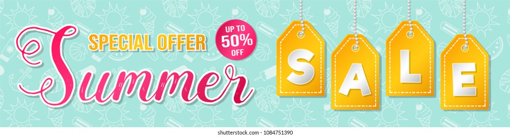 Glossy banner for a Summer Sale with textured background. Vector.