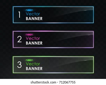 Glossy banners with neon light effect vector set on transparent background. Horizontal rectangle frames illuminated with realistic fluorescent colorful glowing for Internet advertising or web design