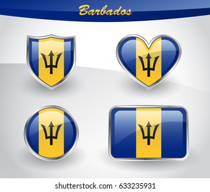 Glossy Barbados flag icon set with shield, heart, circle and rectangle shapes in silver frame. Vector illustration.