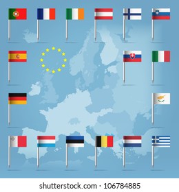 Glossy  beautiful pin flags of Austria, Belgium, Cyprus, Estonia, Finland, France, Germany, Greece, Ireland, Italy, Luxembourg, Malta, the Netherlands, Portugal, Slovakia, Slovenia, and Spain