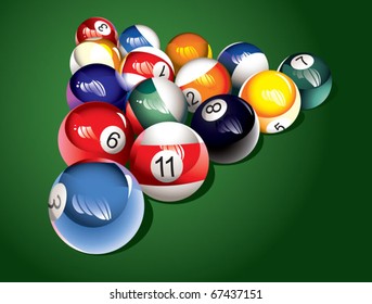 Glossy billiard balls set on the table, vector illustration