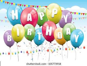 Glossy birthday background with flying balloons