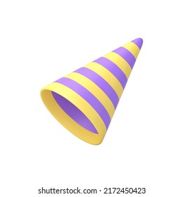 Glossy birthday cone hat festive holiday accessory carnival costume realistic 3d icon vector illustration. Striped purple yellow anniversary event celebration cap entertainment headgear design