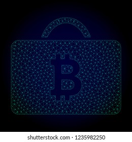 Glossy bitcoin case polygonal illustration. Abstract mesh lines, triangles and points on dark background with bitcoin case.