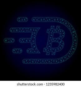 Glossy bitcoin polygonal illustration. Abstract mesh lines, triangles and points on dark background with bitcoin. Wire frame 2D mesh polygonal line network in vector format on a dark blue background.