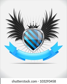 Glossy black and blue shield emblem on white background