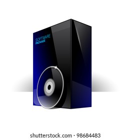 Glossy black box with blue reflexes and dvd or cd Disk.