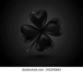 Glossy black clover leaf, dark vector illustration for St. Patrick day. Isolated four-leaf on black background