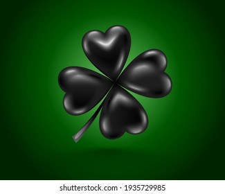 Glossy black clover leaf, dark vector illustration for St. Patrick day. Isolated four-leaf on green background