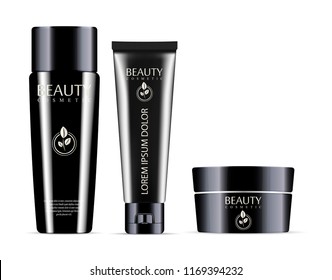 Glossy black cosmetic bottles mockup set. Bottle for shampoo or hair conditioner, Tube Packaging, cream jar with brand logo and label.