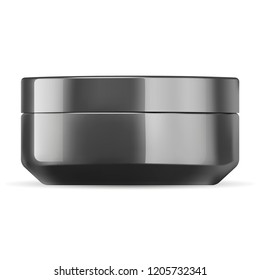 Glossy black cosmetic cream jar mockup template. Cosmetics packaging glass or plastic made with lid. Blank container for cream, salt, ointment, gel, butter, skin care, powder. Vector illustration.