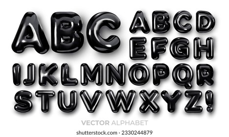 Glossy, black English alphabet. Set of letters from A to Z. Balloons font. Bright 3D, realistic vector illustration svg