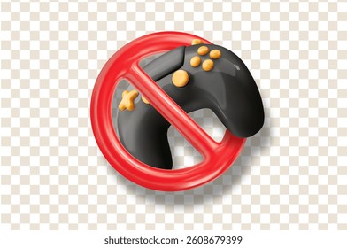 Glossy Black Game Controller with Red Prohibition Sign on Transparent Background. Digital Restriction, Gaming Ban, or Screen Time Control Symbol. Vector Illustration.
