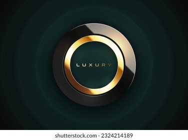 Glossy black glass luxury circle golden frame. Border logo, name ring, label. Realistic black gold frame, luxury dark green abstract waves background design, light effect reflection. Vector template