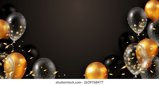 Glossy black and gold balloons with confetti details on a dark background, festive celebration concept. Vector illustration