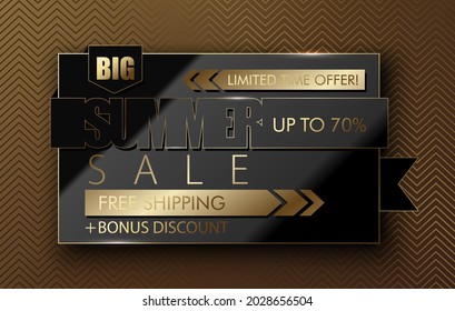 Glossy black and gold summer sale banner. Vector golden ribbon text, limited time offer, free shipping, bonus discount, up to 70 percent on bronze geometric background