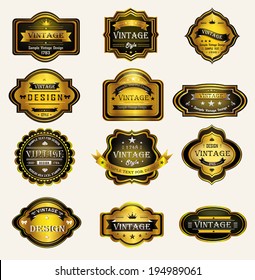 Glossy black gold vintage and retro badges label tag design for premium brand retail product promotion with sample text, create by vector