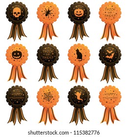 glossy black and orange halloween rosettes with motifs, isolated on white