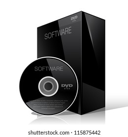 Glossy Black Package Cardboard Box with DVD Or CD Disk. Vector illustration