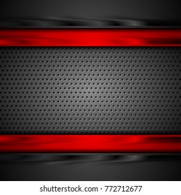 Glossy black and red stripes on dark metallic perforated background. Vector design