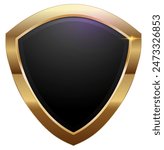 A glossy black shield with a golden border and reflective surface, symbolizing luxury, protection, and high quality, Gold Shield