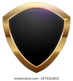 A glossy black shield with a golden border and reflective surface, symbolizing luxury, protection, and high quality, Gold Shield