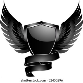 glossy black shield with wings and banner