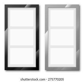 Glossy black and silver frames on a white background with thick borders and place for three A5,A4 other A format proportions papers. Vector Illustration set