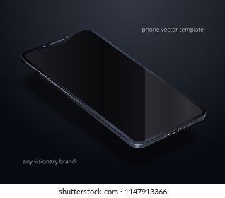 Glossy black smartphone floating over black background. Dark template of cellphone with a blank display. Concept of visionary mobile phone. Empty touchscreen. 3d vector mockup is in perspective view.