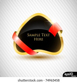 Glossy black speech bubble with red ribbon