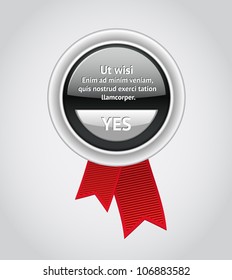 Glossy black vector badge with a gray button and two red ribbon tags