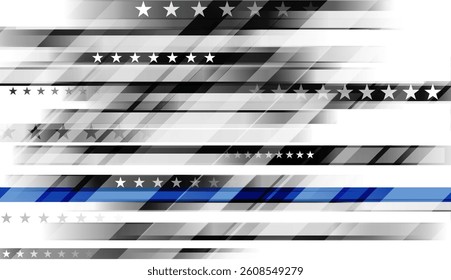 Glossy black white concept USA flag with blue smooth stripe. American police force sign vector abstract background