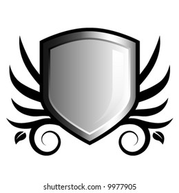 Glossy black and white shield emblem with floral accents