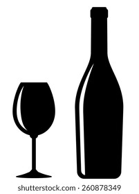 glossy black wine bottle and glass on white background