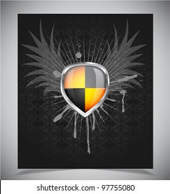 Glossy black and yellow shield emblem on black background