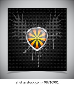 Glossy black and yellow shield emblem on black background
