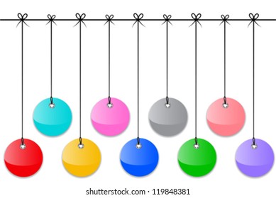 Glossy blank labels like Christmas baubles. Colorful tags. Vector illustration