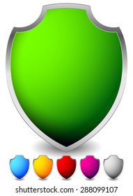 Glossy, blank shield shapes. Several colors included. (Green, blue, yellow, red...)