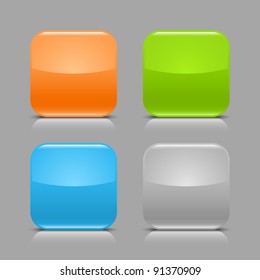 Glossy blank web internet button with black shadow and white reflection. Colored rounded square shapes on gray light background. This vector illustration created and saved in 8 eps