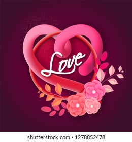 Glossy blend heart shape decorated with paper cut flowers for Love greeting card design.