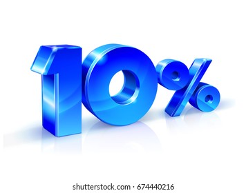Glossy blue 10 Ten % percent off, sale. Isolated on white background, 3D object. Vector illustration.