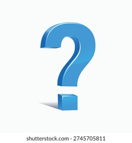 Glossy blue 3D question mark with cube base and soft shadow, symbolizing curiosity, inquiry, and problem solving concepts.