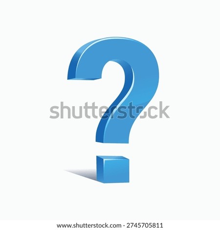 Glossy blue 3D question mark with cube base and soft shadow, symbolizing curiosity, inquiry, and problem solving concepts.