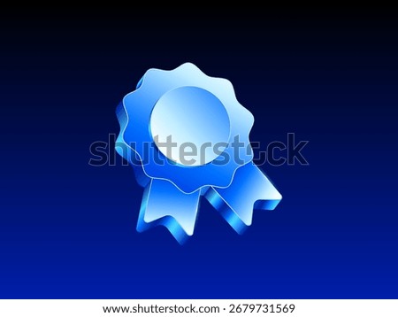 Glossy blue 3D vector icon of an award ribbon badge with circular center and ribbon tails, symbolizing achievement, quality, and recognition. 3d vector illustration