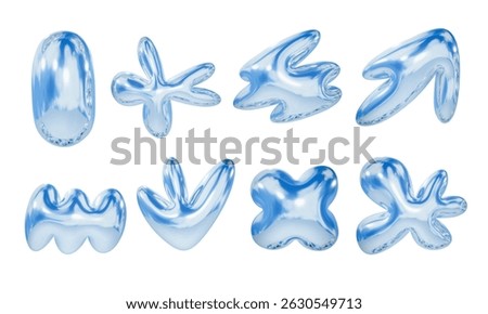 Glossy Blue Abstract Blob Shape. A glossy blue abstract blob shape collection featuring soft inflated chrome textures with playful fluid contours and more. Perfect for futuristic UI surreal art