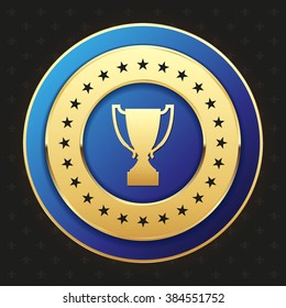 Glossy blue badge with gold border on black background